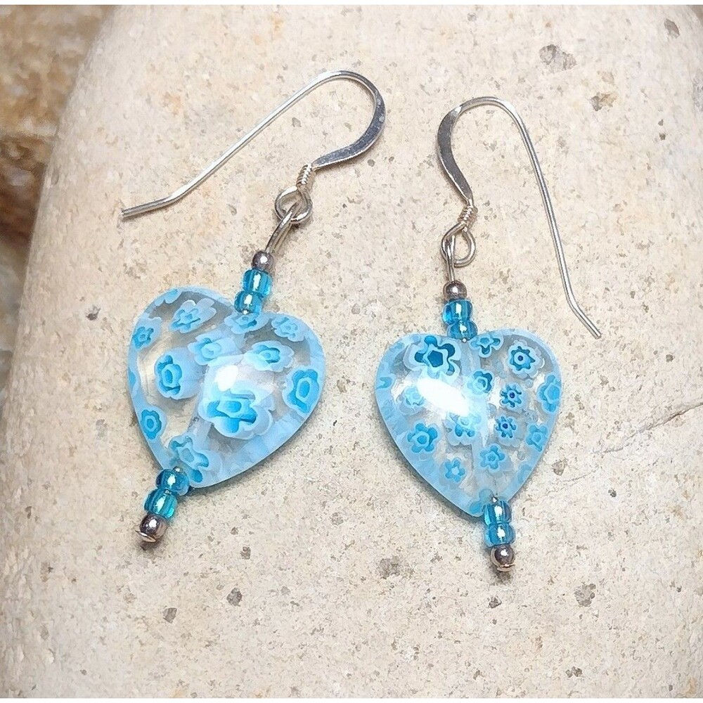 Heart Murano Millefiori Glass Crystal Beaded Sterling Silver Dangle Earrings